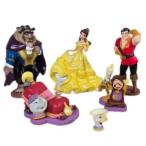 Beauty & The Beast Figurine Lot Of 6 Cake Topper Set Gaston Cogsworth Belle Chip